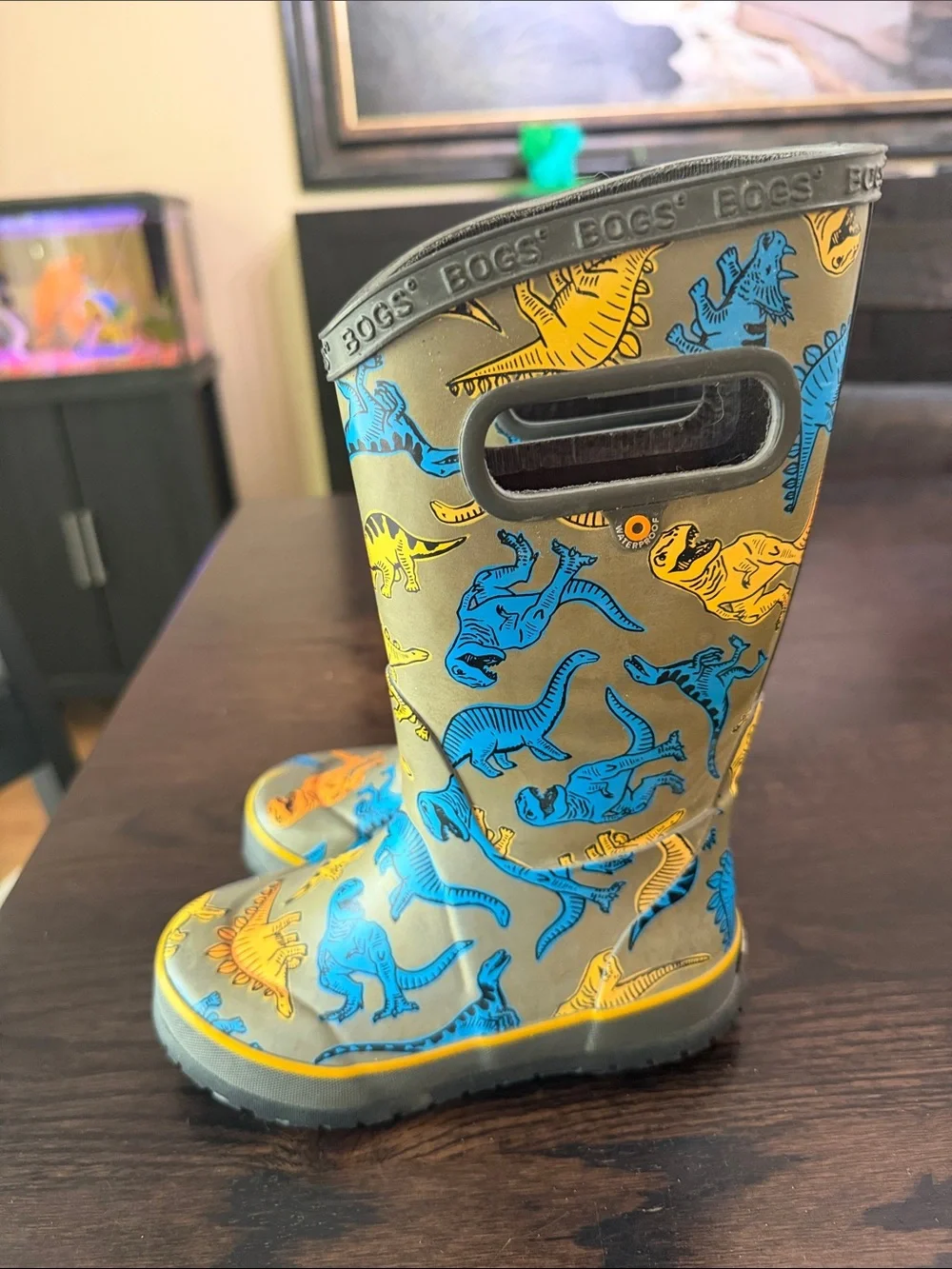 Bogs Kids Gray Rain Boots with Blue, Orange & Yellow Dinosaurs